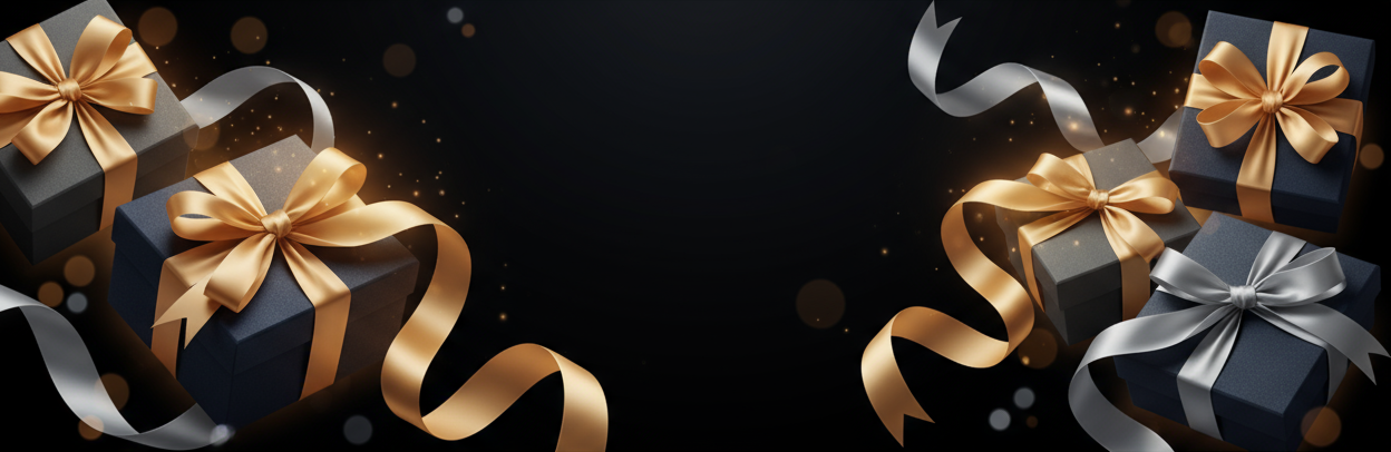 Elegant luxury banner for a jewelry and gift brand called "Velory". Black background with golden and silver ribbons, glowing light accents, and elegant gift boxes wrapped with satin bows. No text, no logos, no jewelry or products inside — only premium packaging, soft lighting, and a refined romantic atmosphere. Clean, minimal, luxurious, perfect for Shopify homepage header.